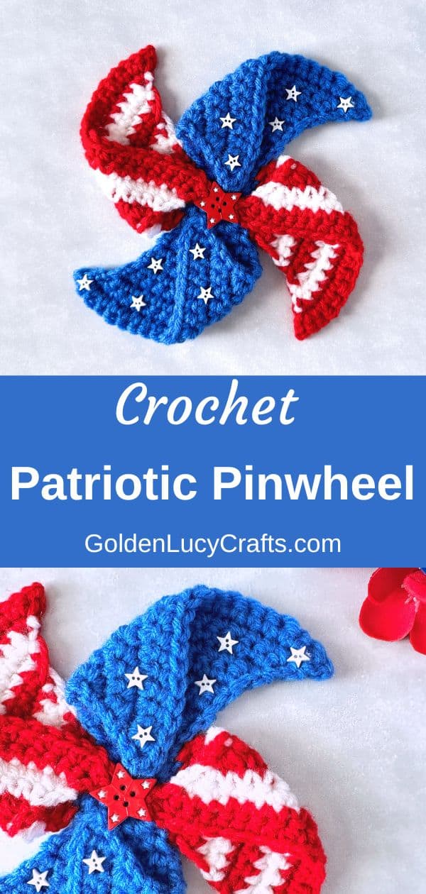 Crochet patriotic pinwheel in red, white and blue colors embellished with small white stars.