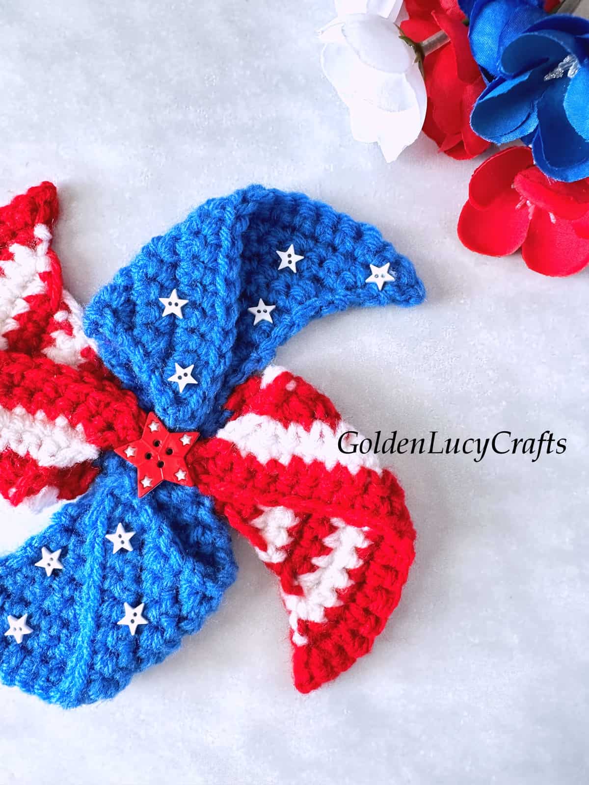 Crochet patriotic pinwheel close up picture.