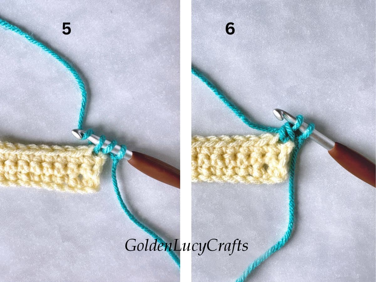 How to join with double crochet, steps 5 and 6.