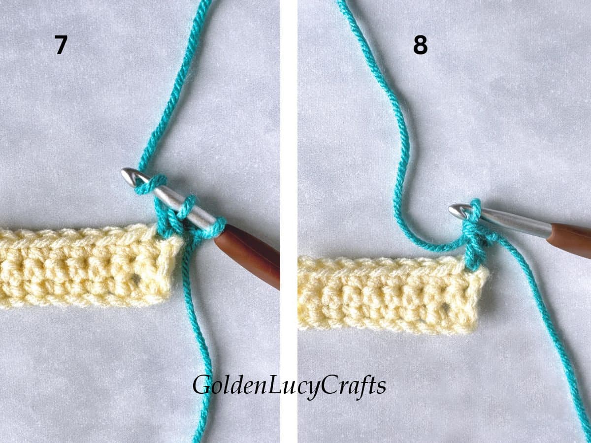 How to join with double crochet, steps 7 and 8.