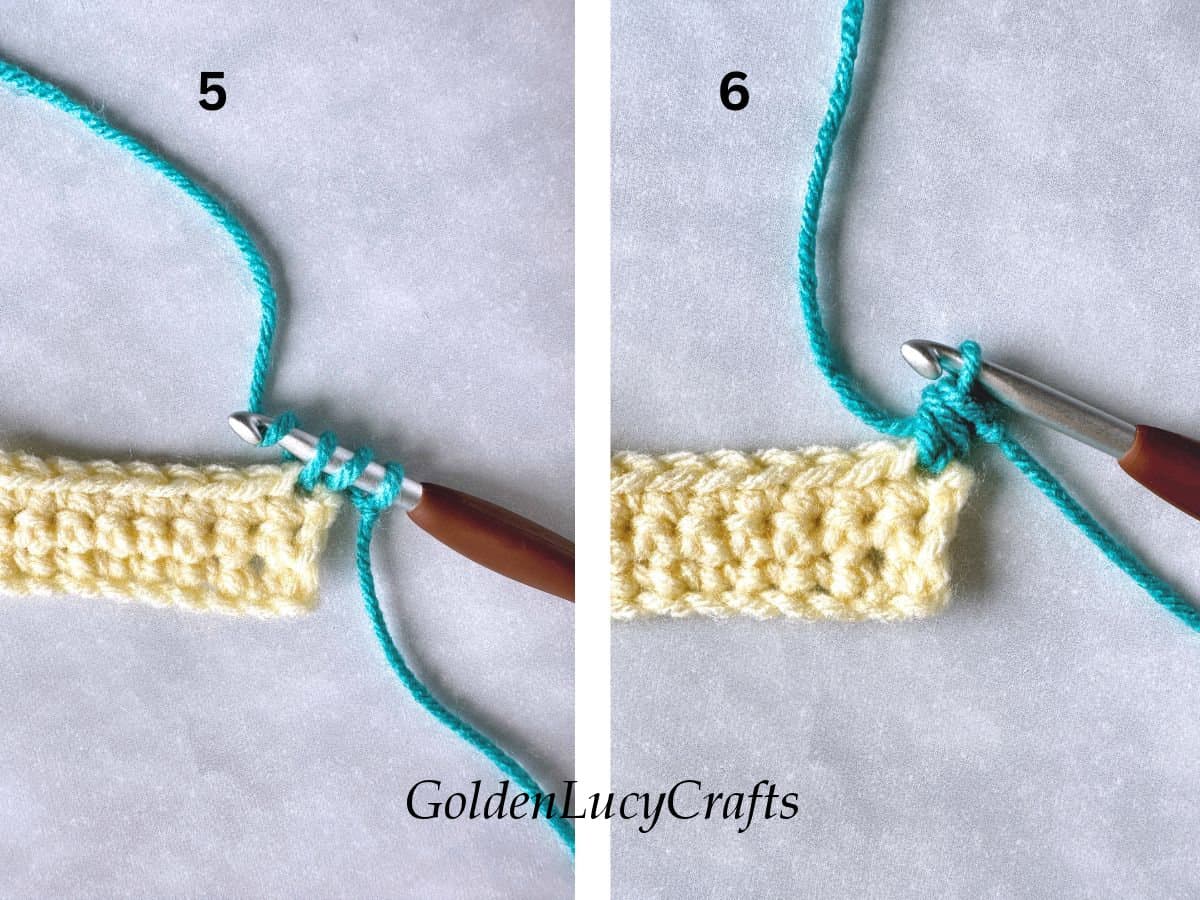 How to join with half double crochet, steps 5 and 6.