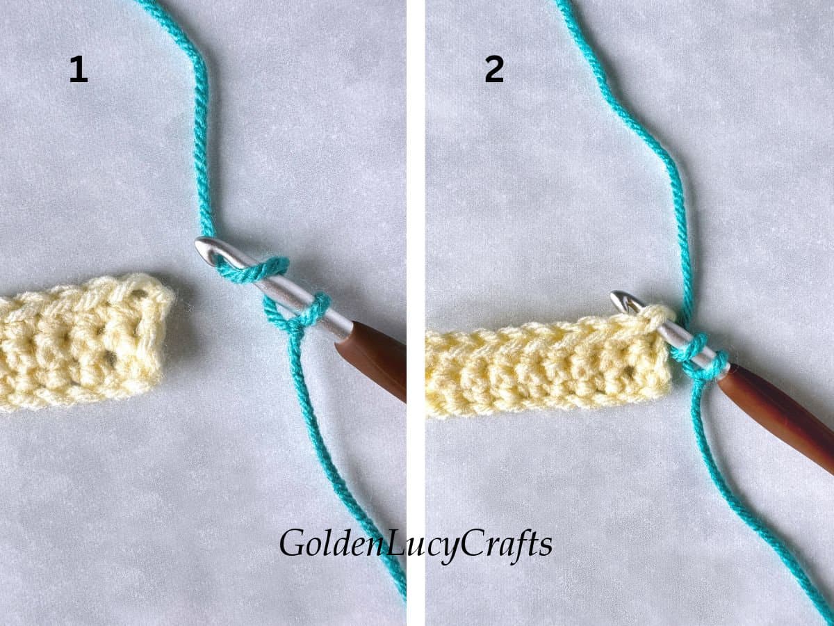 How to join with half double crochet, steps 1 and 2.