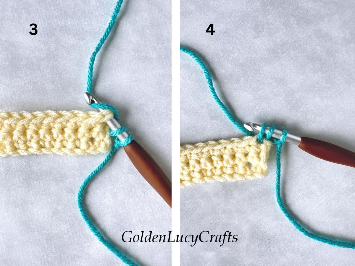 How to join with half double crochet, steps 3 and 4.