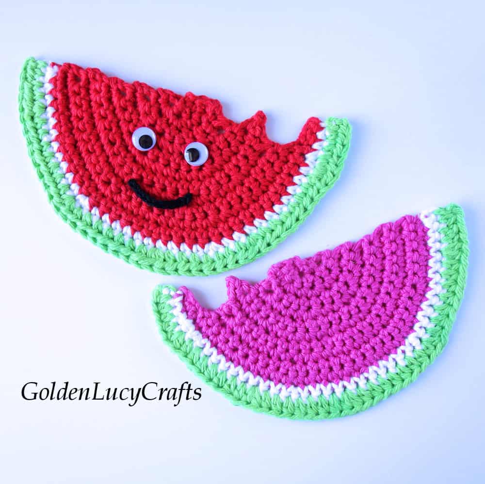 Two crocheted watermelon slices.