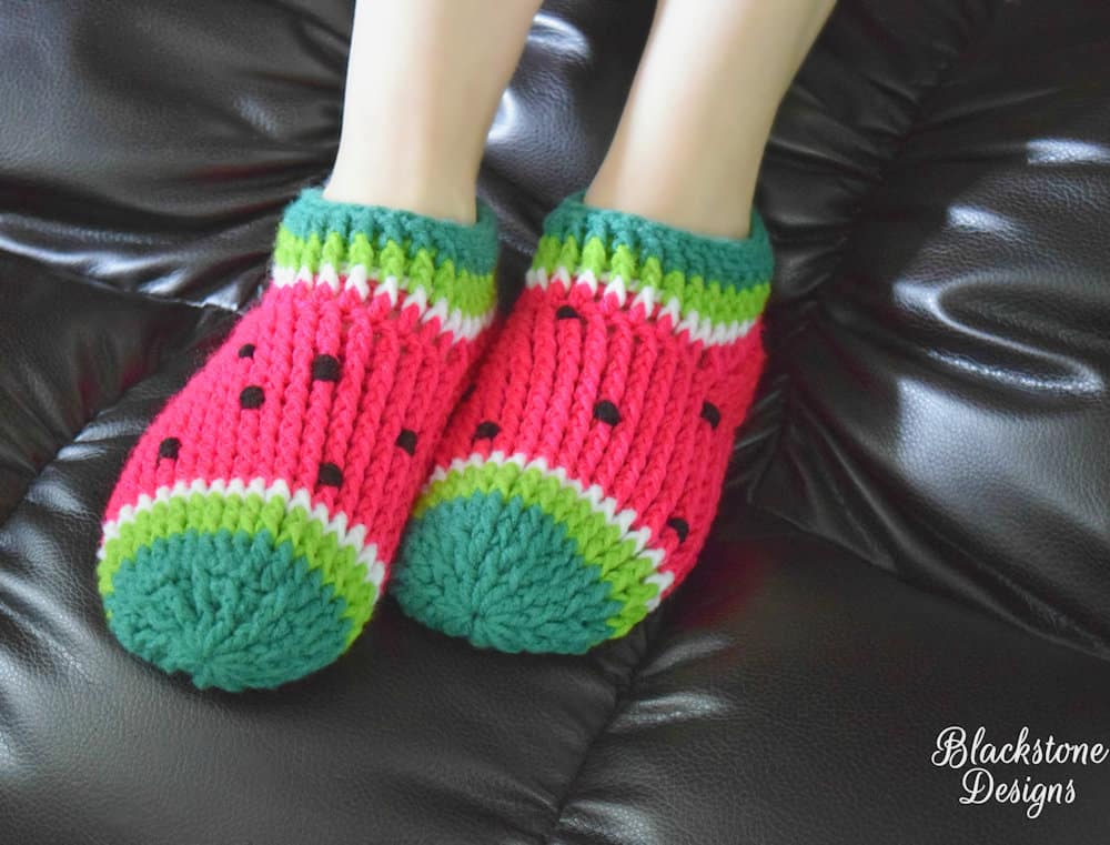 Crochet watermelon slippers.