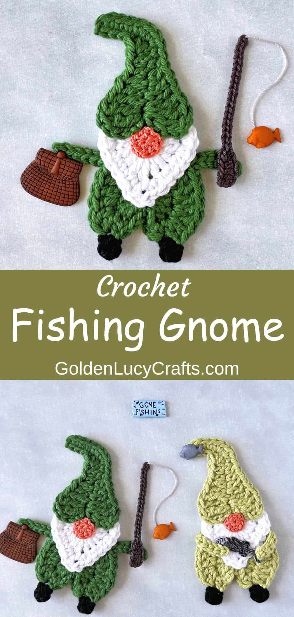 Fishing gnomes crochet appliques.