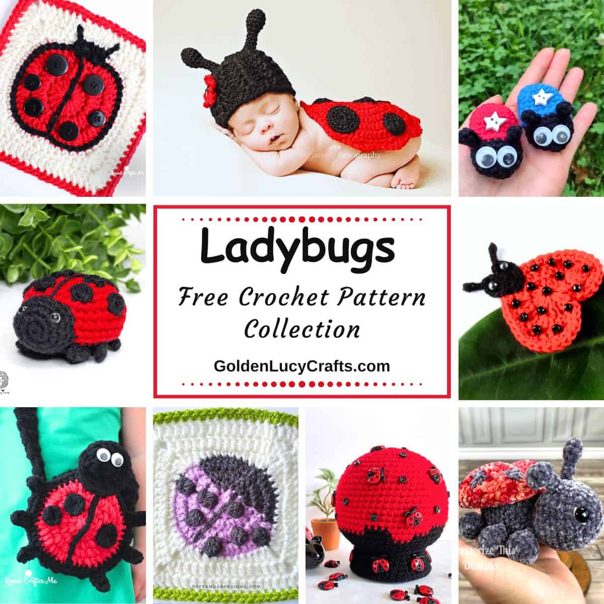 Photo collage of ladybug themed crochet items.