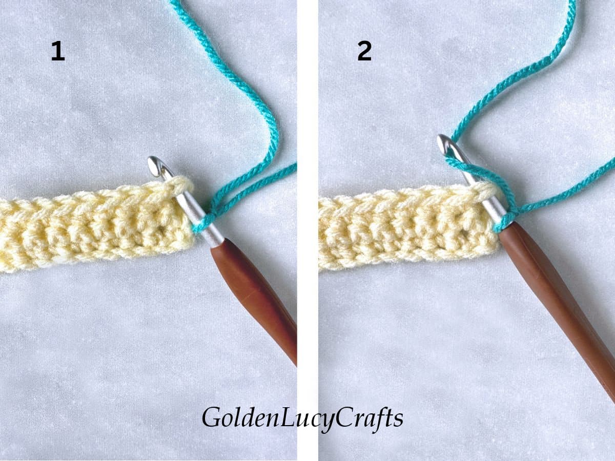 How to crochet standing single crochet, steps 1 and 2.
