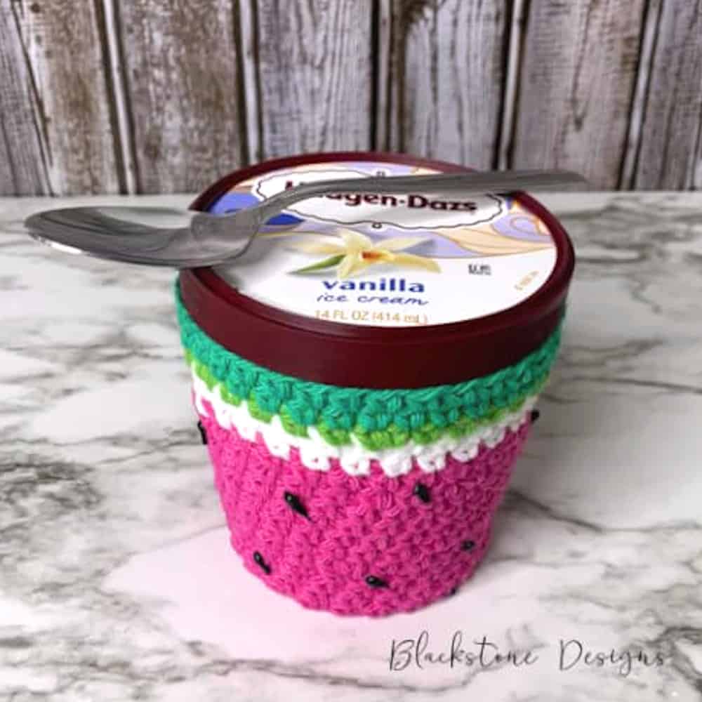 Crochet watermelon ice cream cozy.
