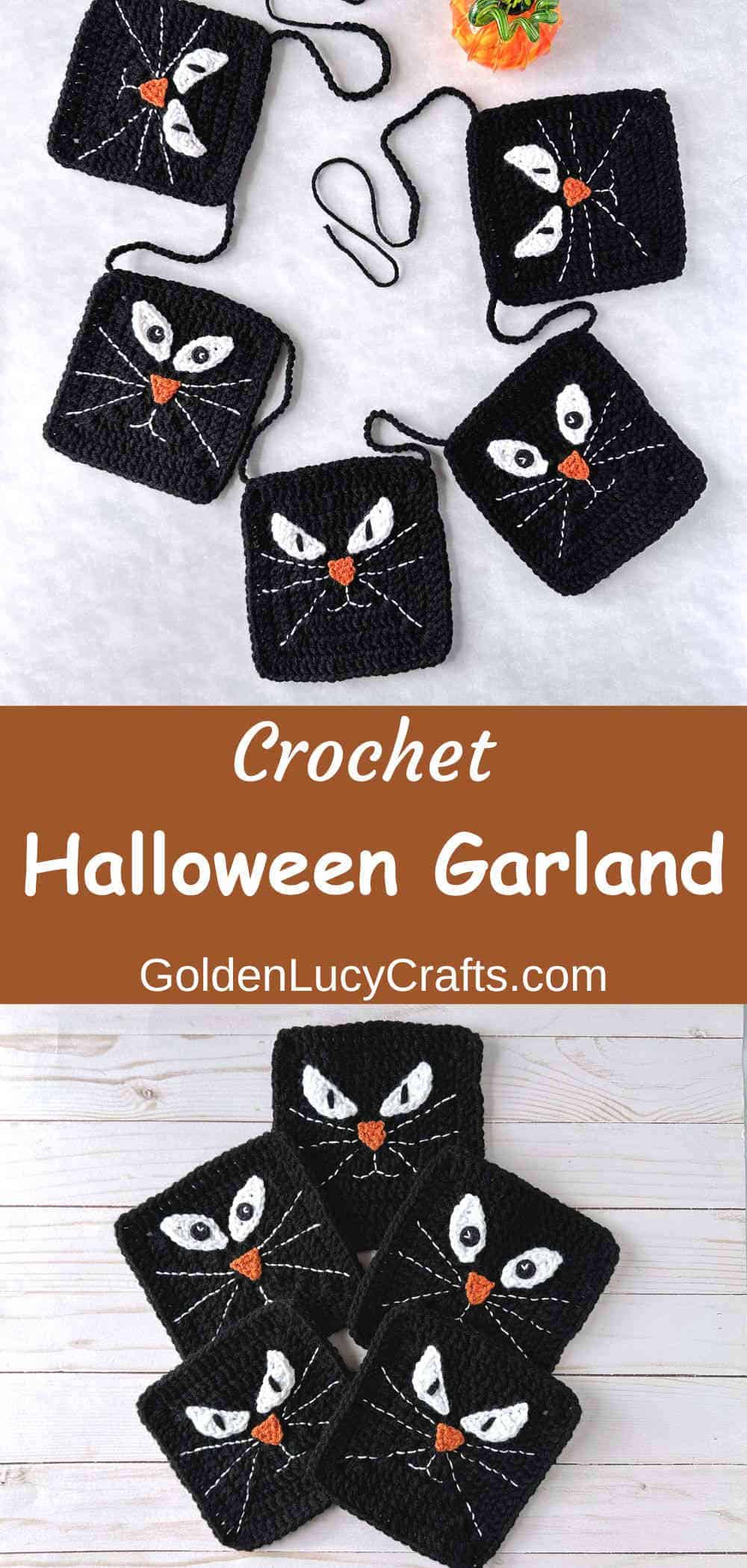Crocheted black cat squares garland for Halloween.