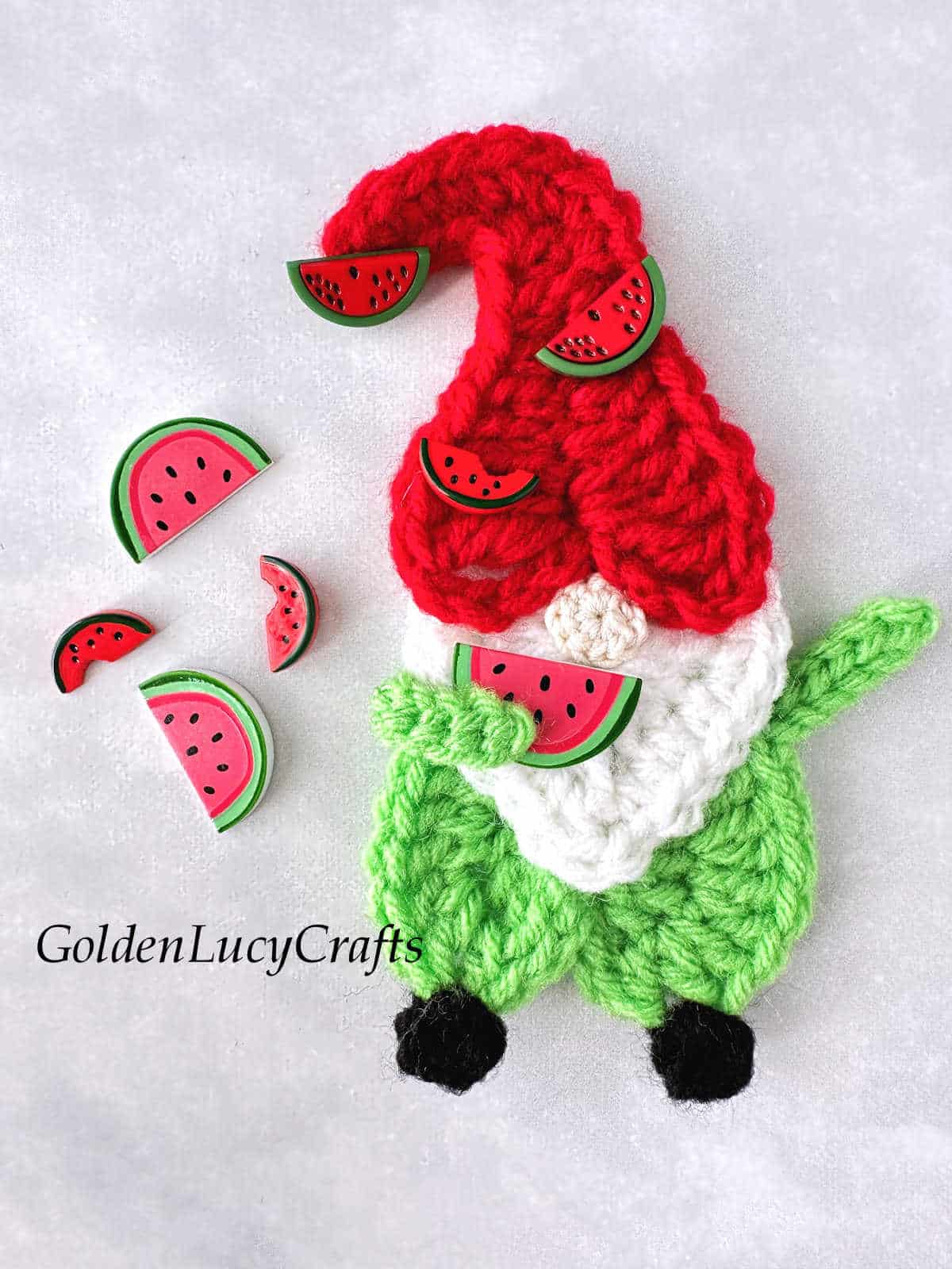 Crochet watermelon gnome applique.