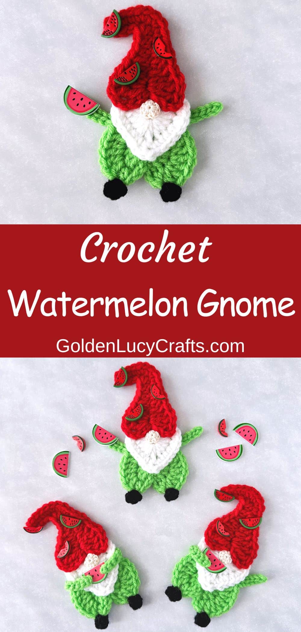 Crochet watermelon gnomes.