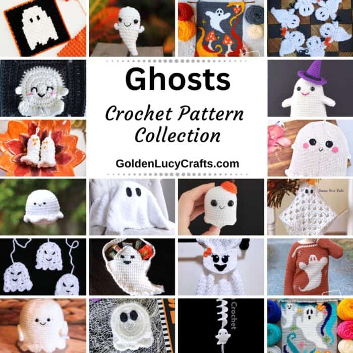 Photo collage of ghost themed crocheted items.