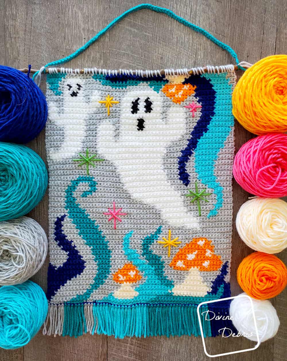 Ghost themed crochet wall hanging.