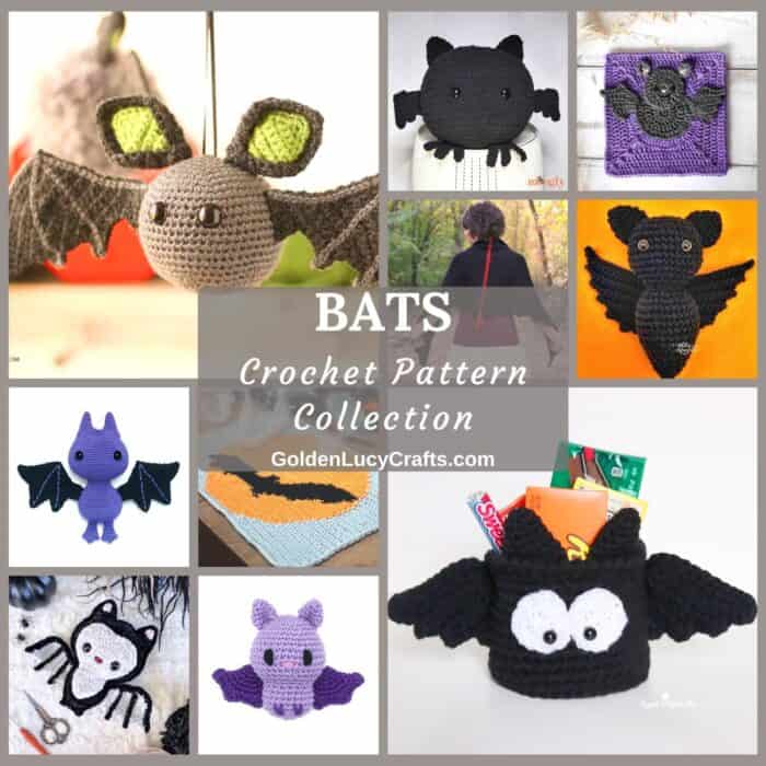 Photo collage of crocheted bat themed items.