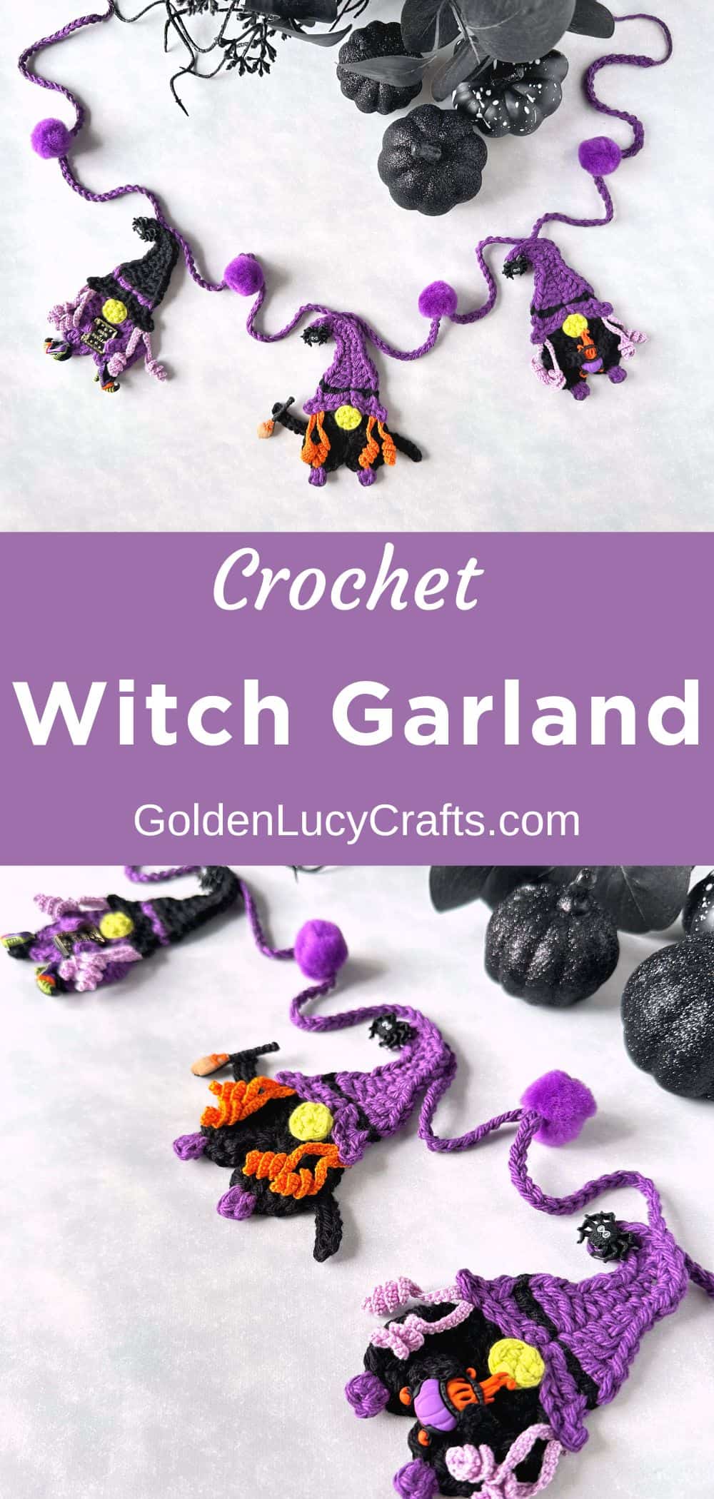 Crochet witch garland for Halloween decoration.