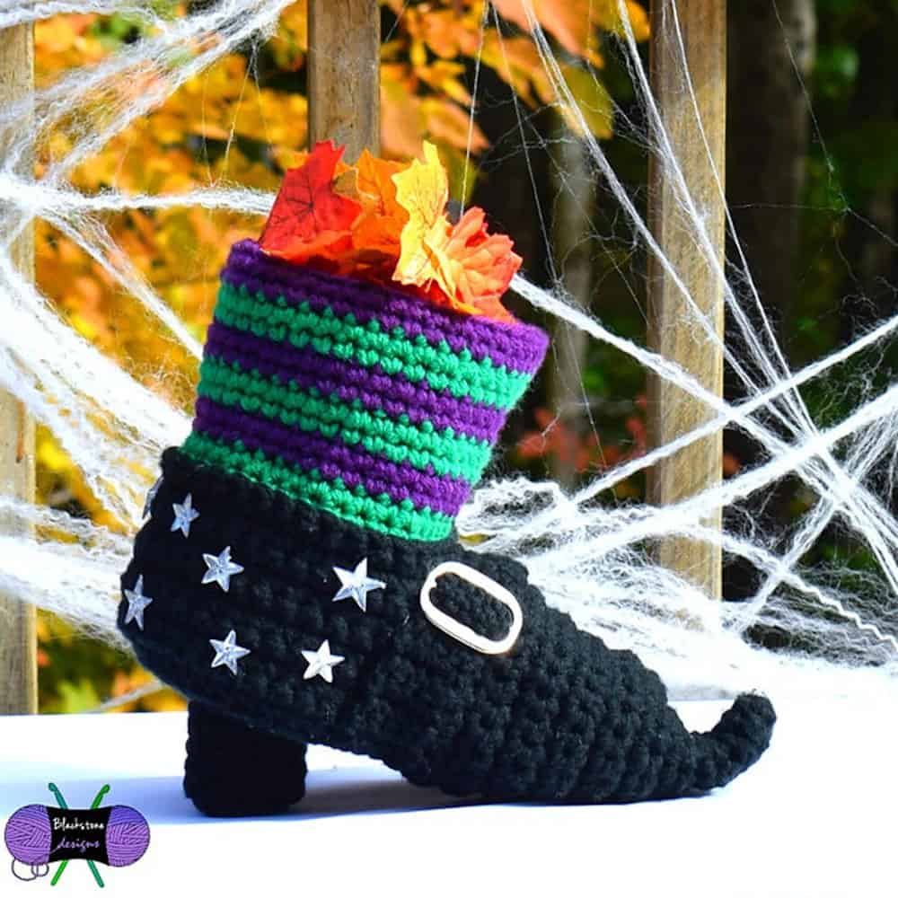 Crocheted witch shoe.