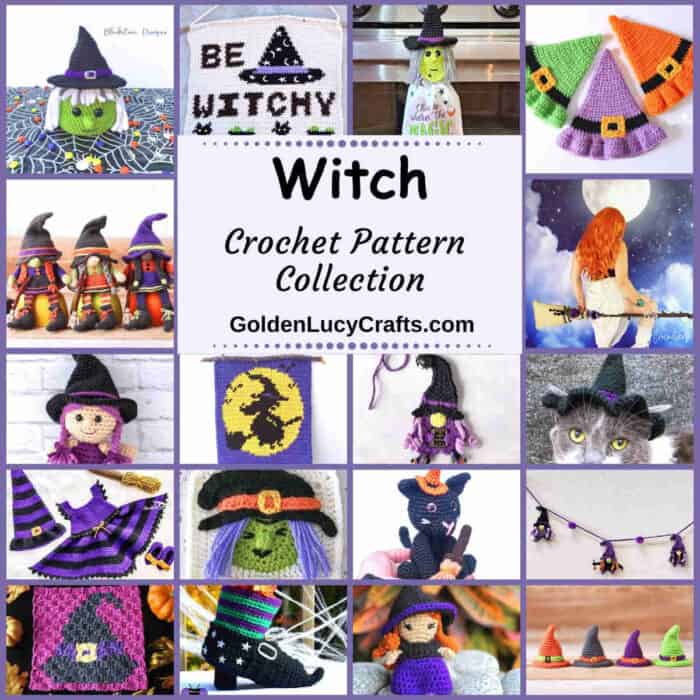 Photo collage of crocheted witch themed items.