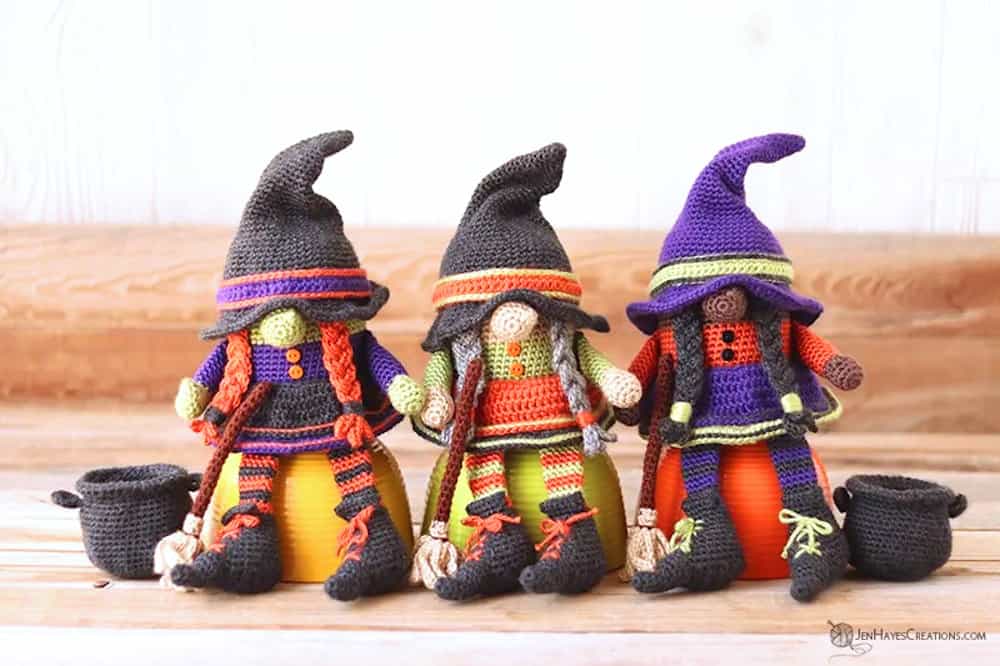 Three crochet witch gnome amigurumi.