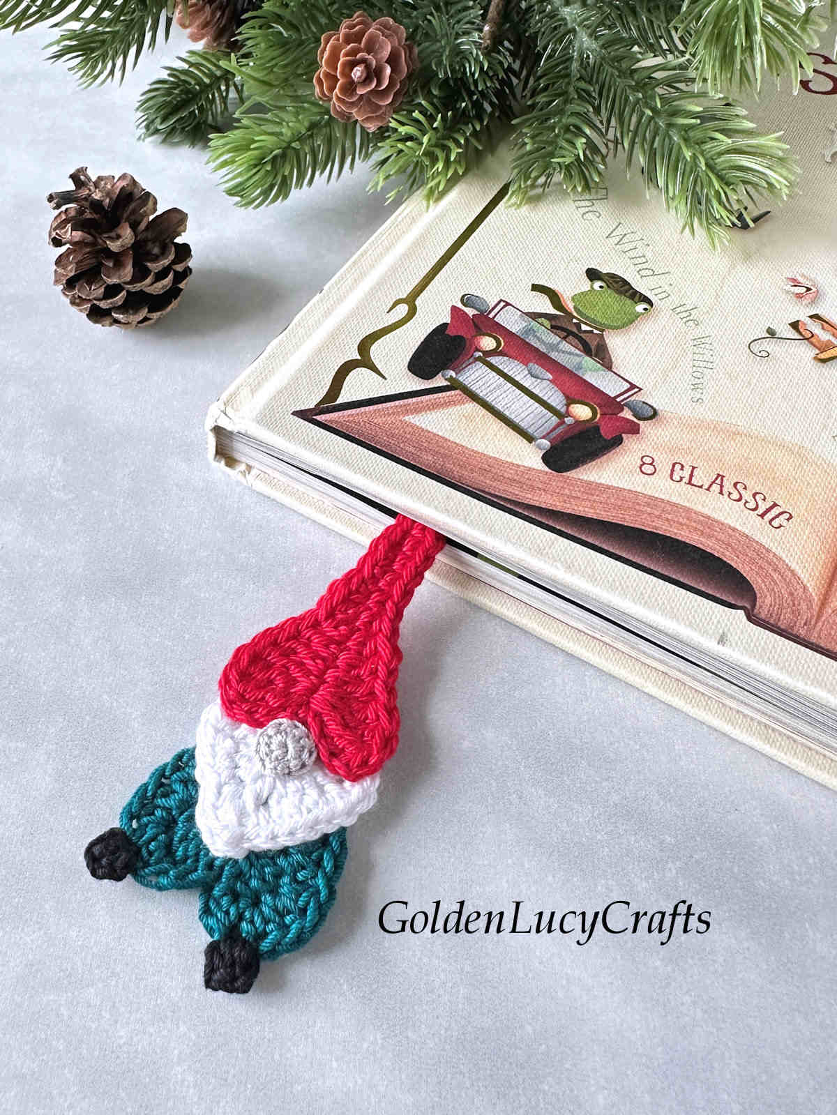 Book with crochet gnome bookmark in it.