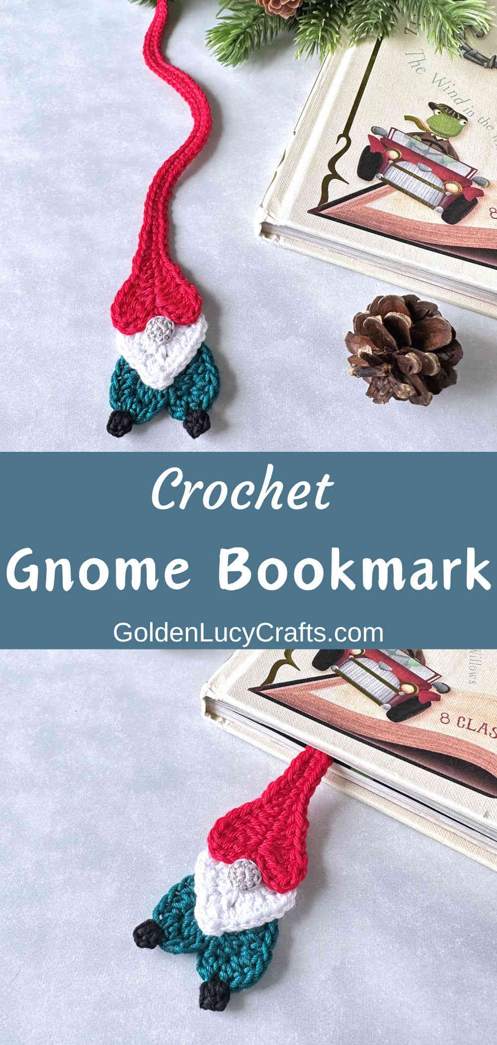 Crocheted Christmas gnome bookmark.