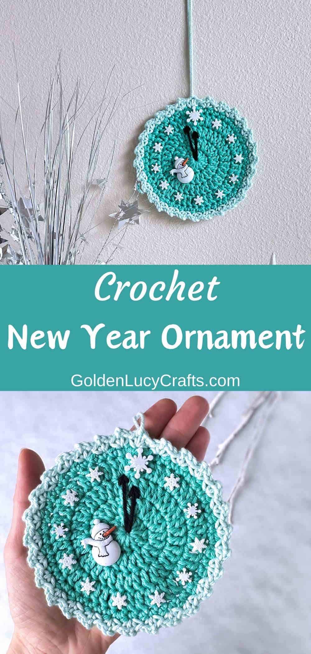 Crochet New Year ornament made in teal color.