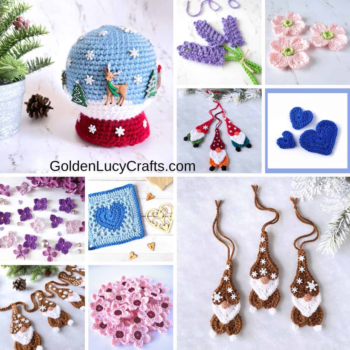Photo collage of various crocheted items.