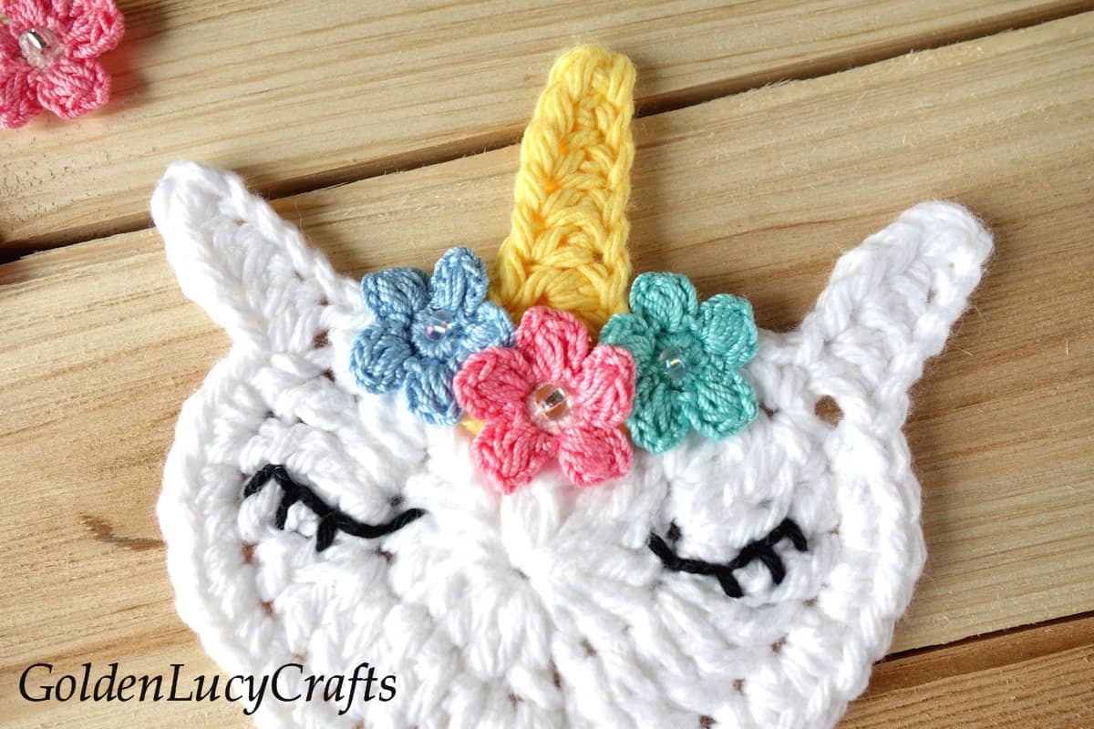 Crochet unicorn close up picture.