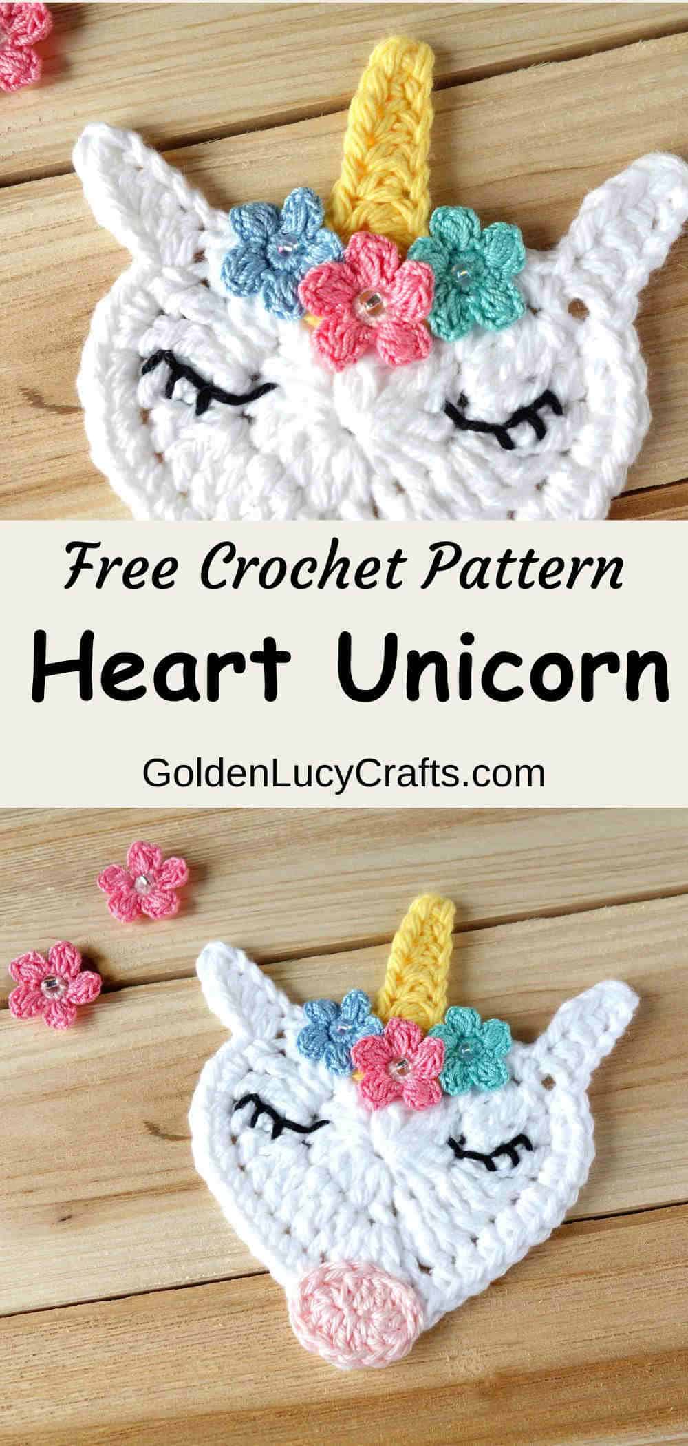 Crochet heart unicorn applique.