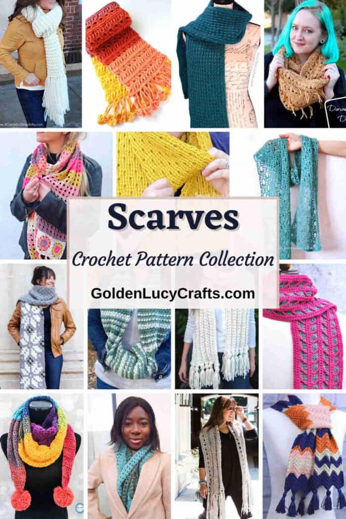 Photo collage of crocheted women's scarves.