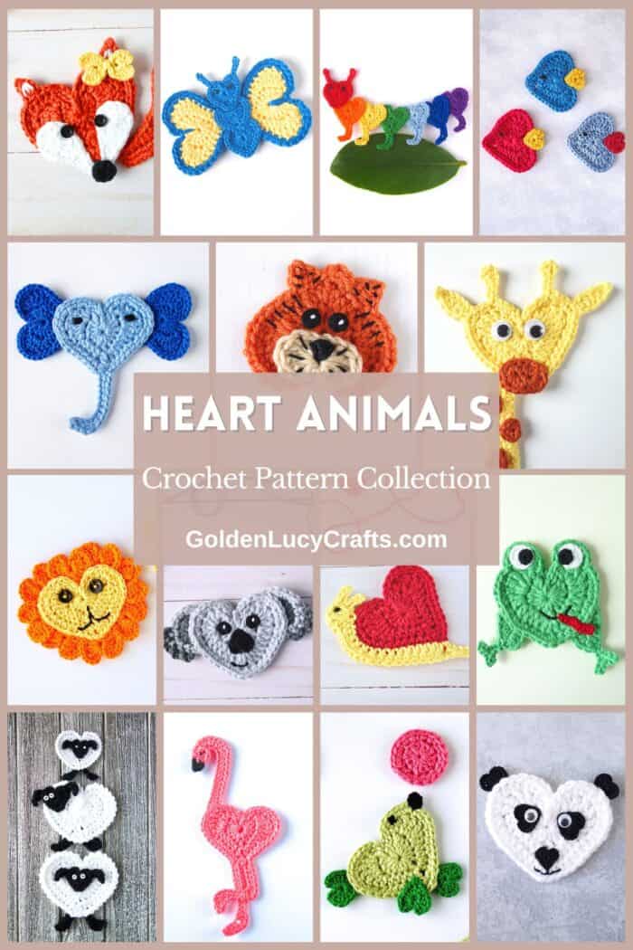 Photo collage of crocheted heart-shaped animal appliques.