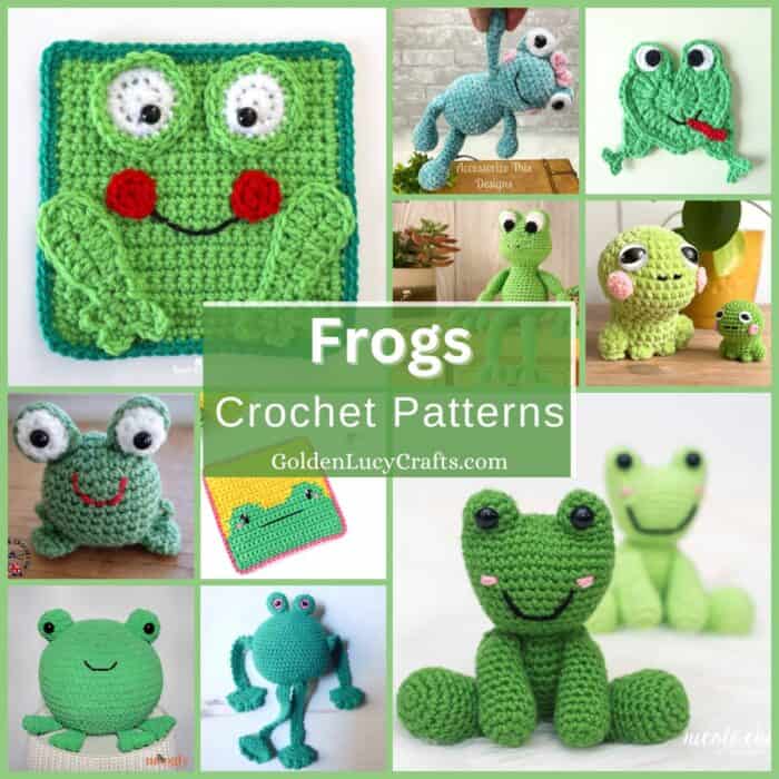 Photo collage of crocheted frog themed items.