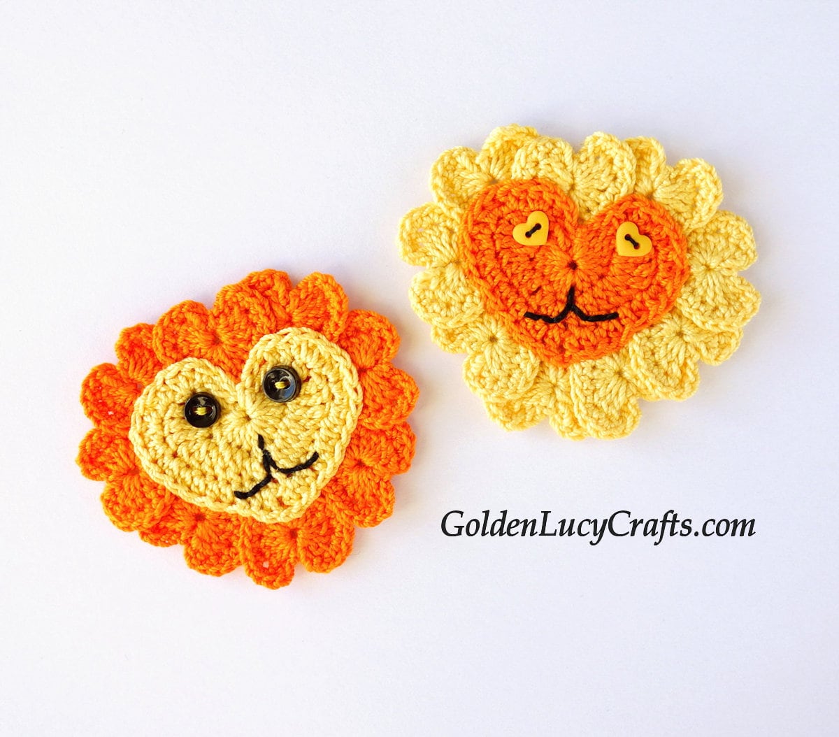 Two crocheted heart lion appliques.