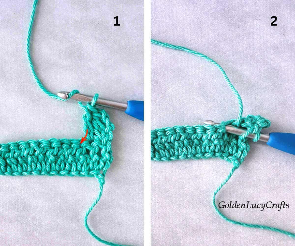 Crocheted samples showing how to make extended double crochet stitch steps 1 and 2.