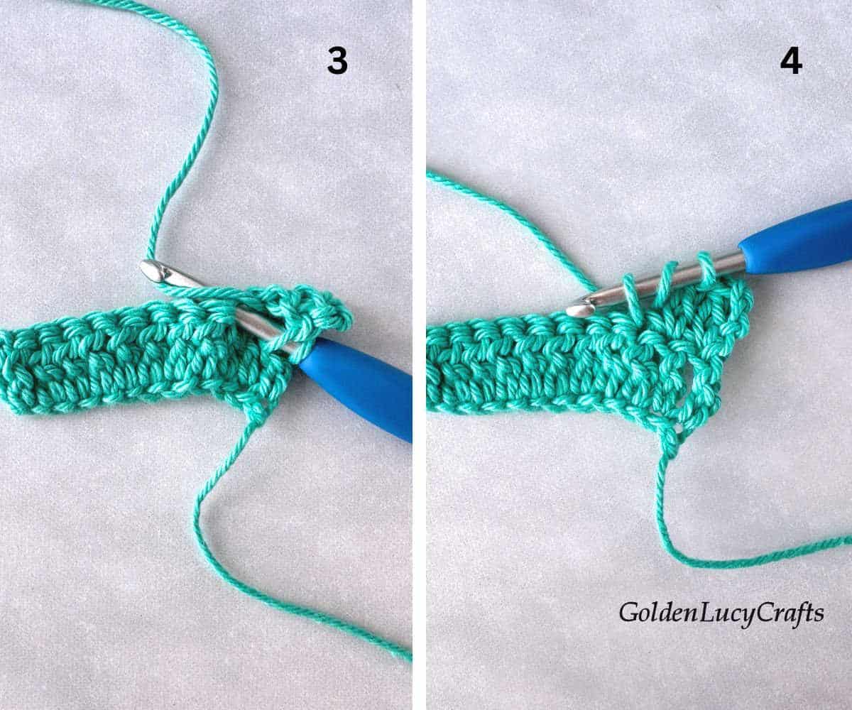 Crocheted samples showing how to make extended double crochet stitch steps 3 and 4.
