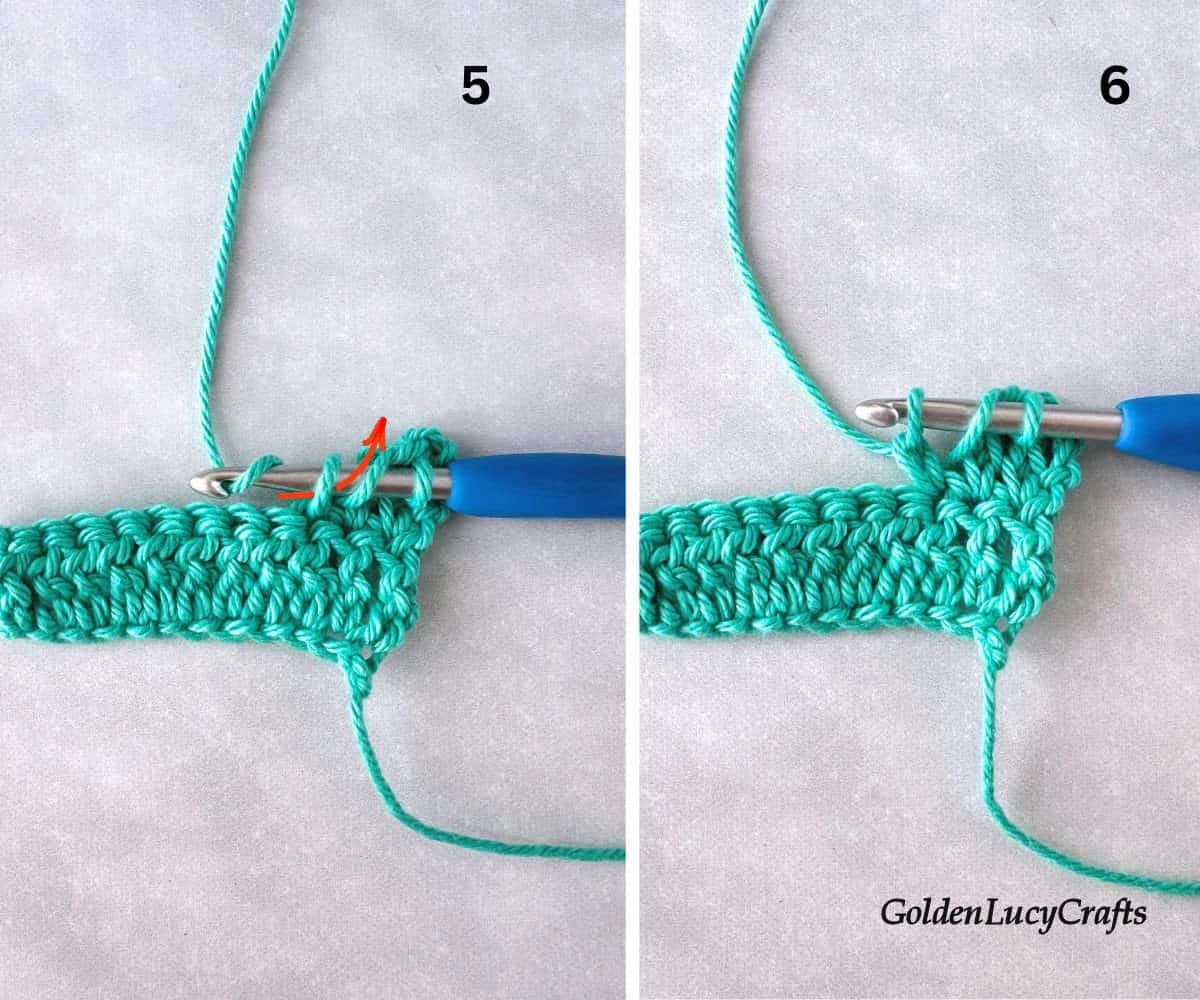 Crocheted samples showing how to make extended double crochet stitch steps 5 and 6.