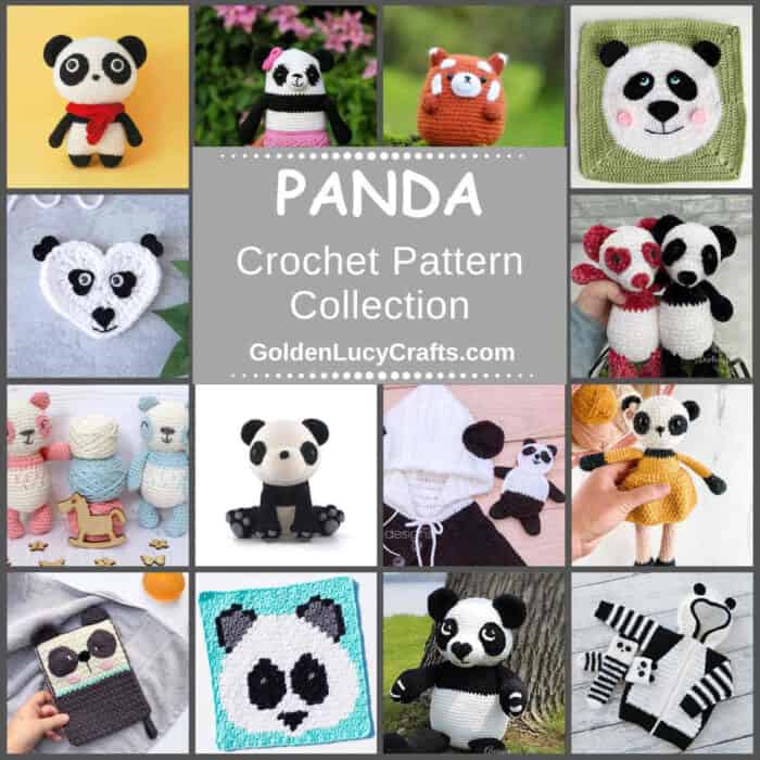Photo collage of crocheted panda themed items.