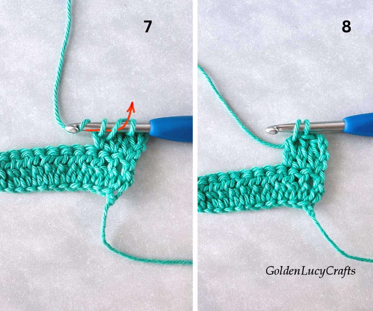 Crocheted samples showing how to make extended double crochet stitch steps 7, 8.