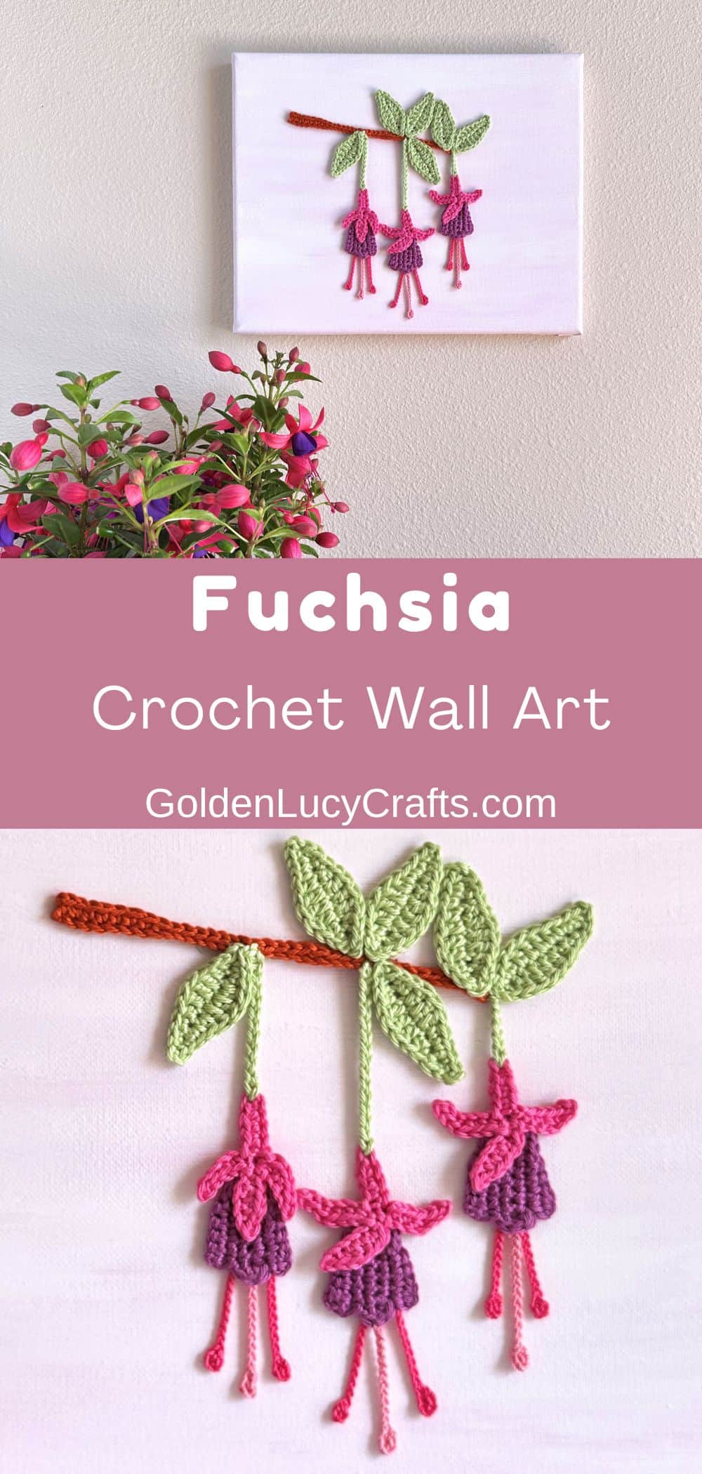Crochet fuchsia applique on canvas wall decoration.