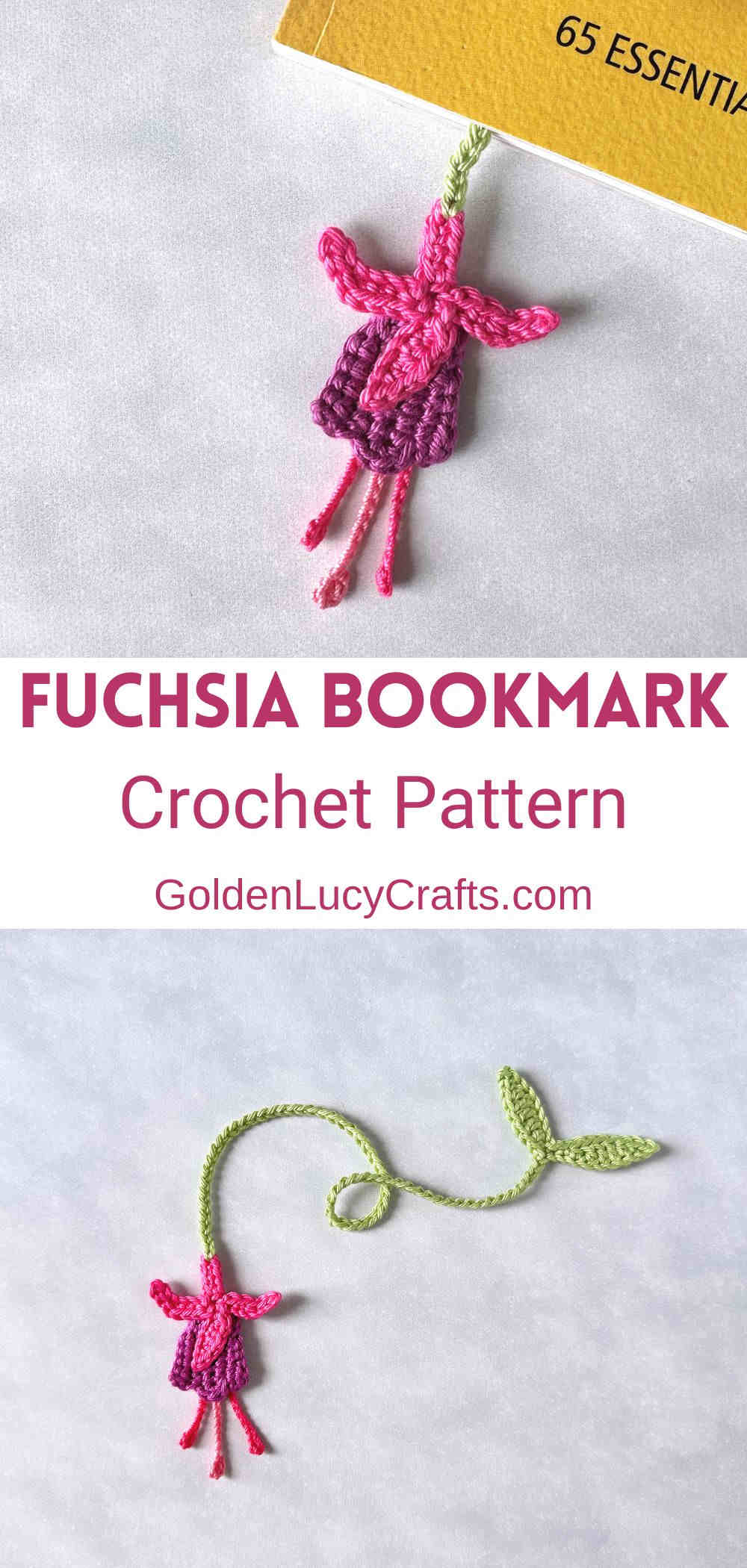 Crochet fuchsia flower bookmark.