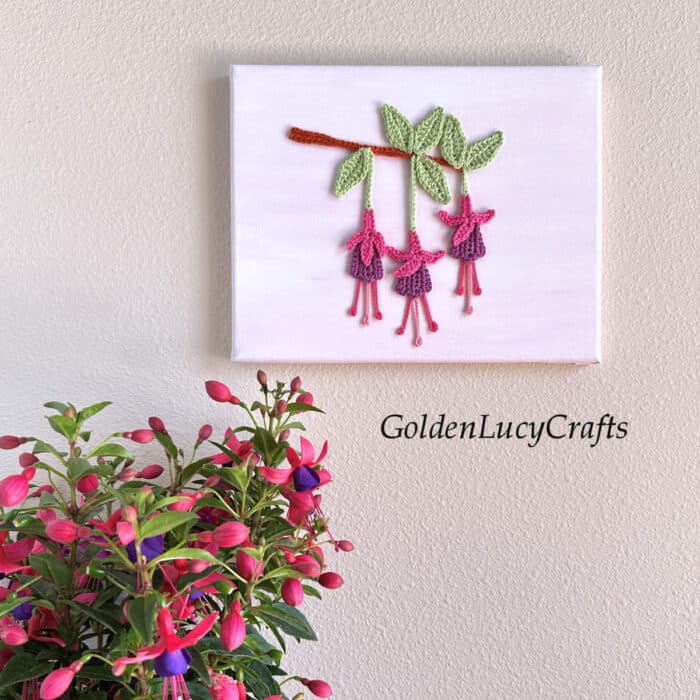 Wall art featuring crochet fuchsia hanging on the wall and fuchsia plant.