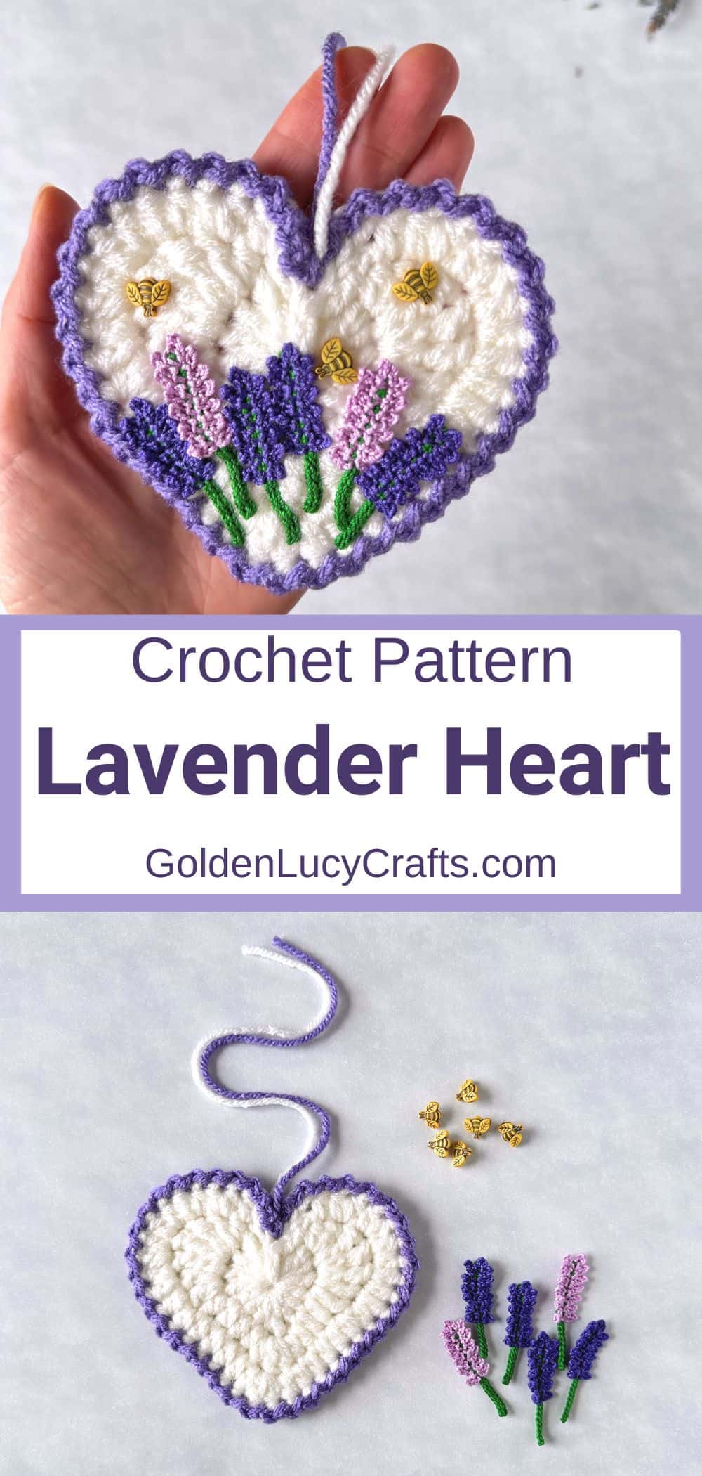 Crocheted lavender heart ornament.