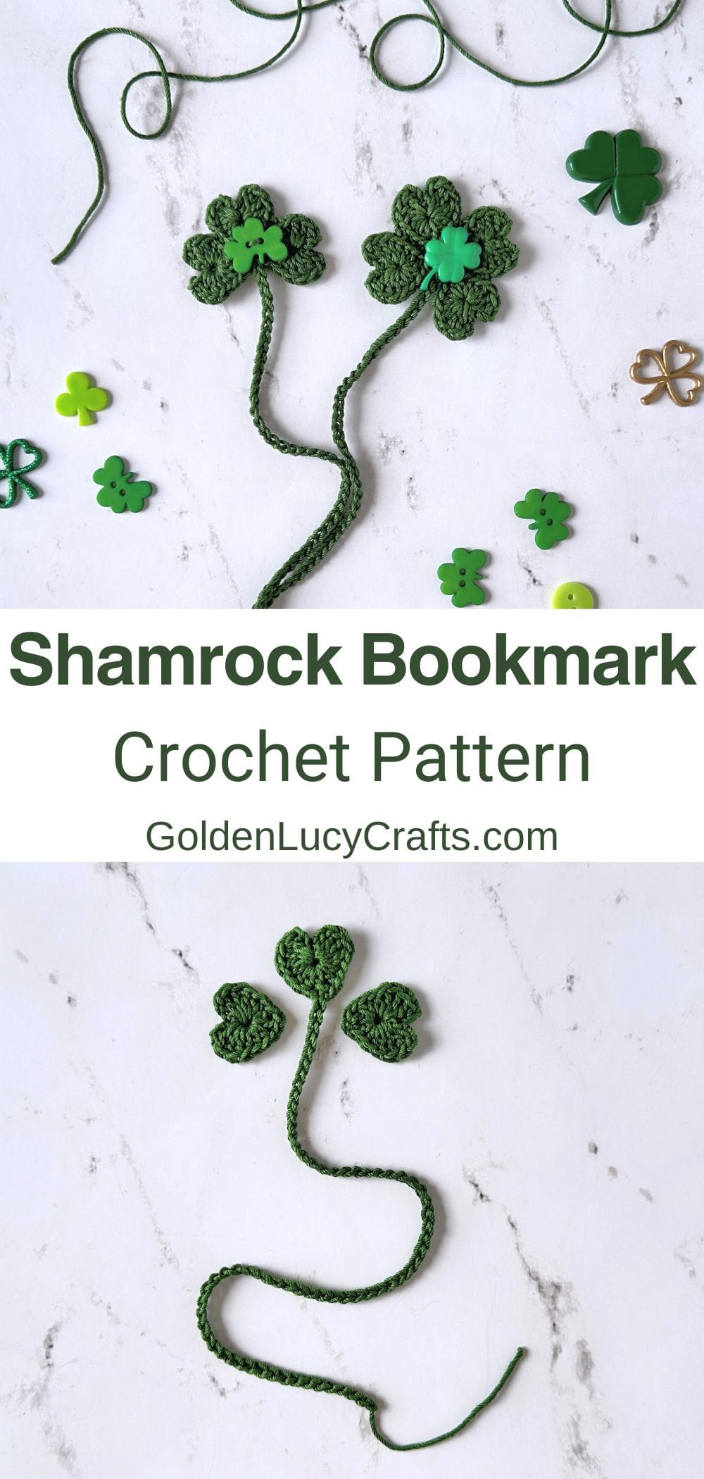 Crochet shamrock and four leaf clover bookmarks.
