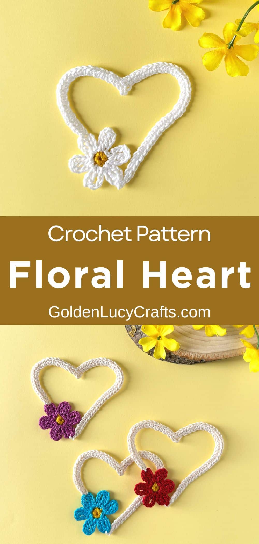 Crochet floral hearts on a yellow background.