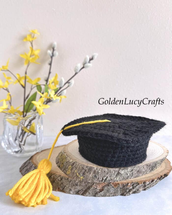 Crocheted graduation cap laying on top of wood slices.