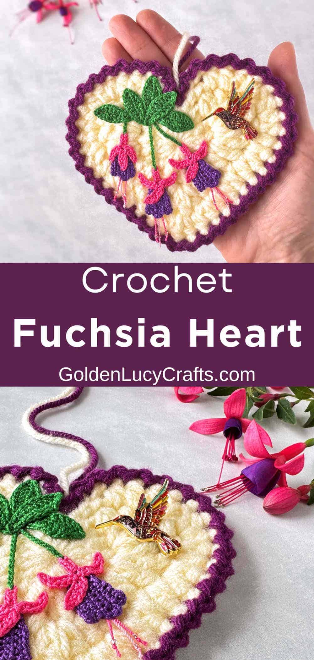 Crocheted heart ornament with fuchsia applique and hummingbird pin on it.