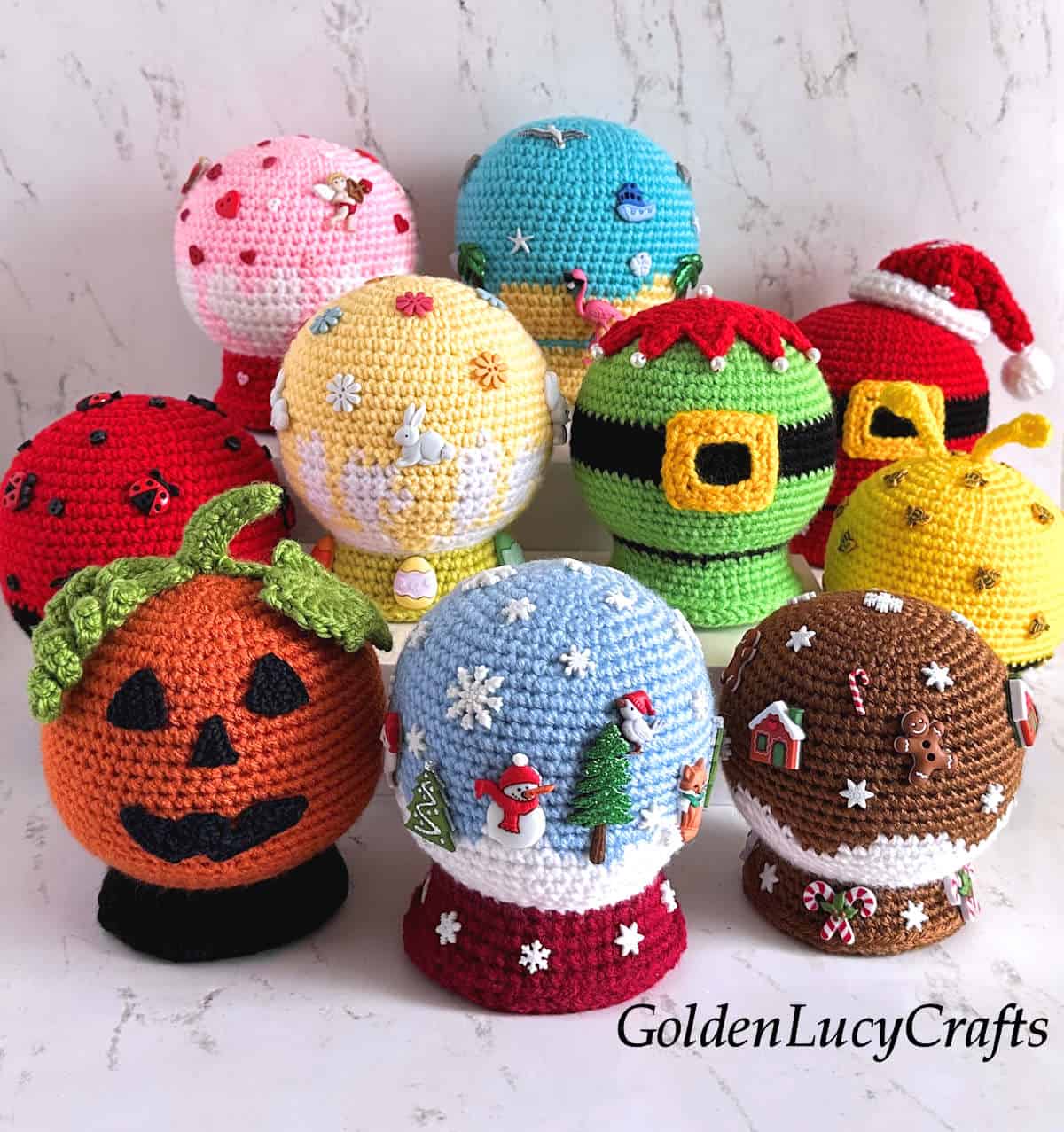 Colorful crocheted snow globes.