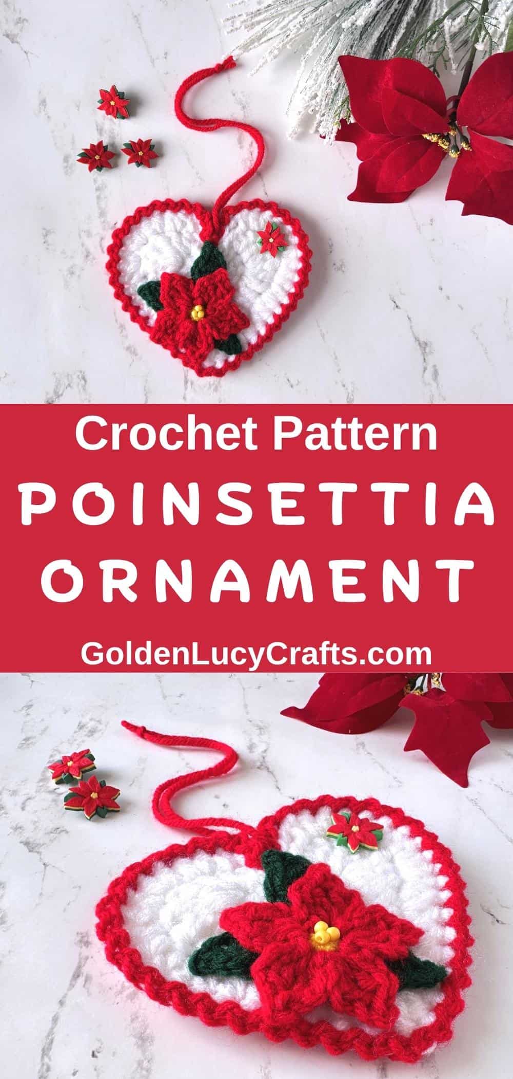 Crocheted Christmas heart-shaped ornament with poinsettia for holiday decor.