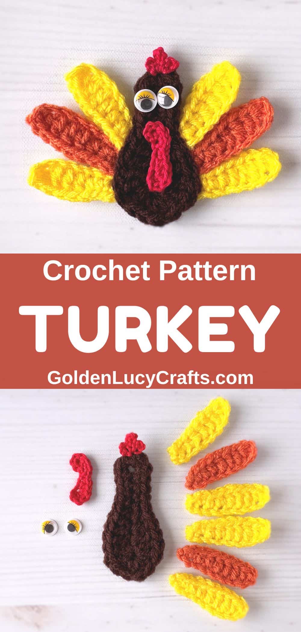 Crochet turkey applique for Thanksgiving .