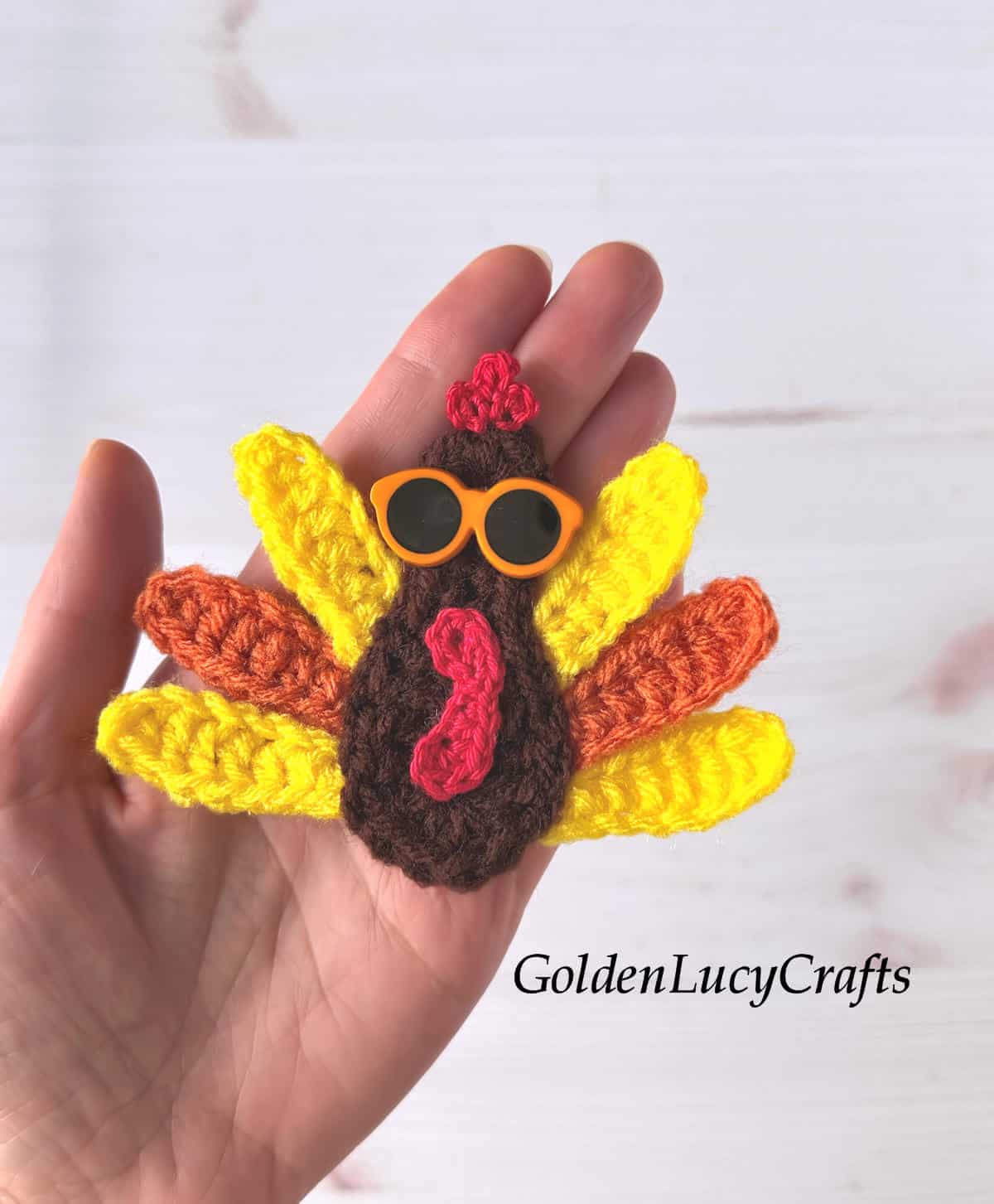 Crochet Thanksgiving turkey in sunglasses.